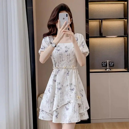 Square Neck Short-sleeved Women 2025 Summer New Chinese Puff Short-sleeved Retro Waist-hugging A-line Dress