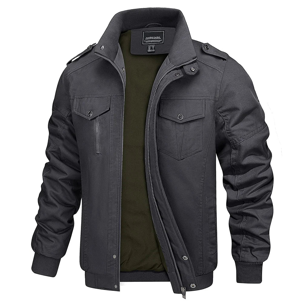 TACVASEN Full Zip Cargo Jacket Mens Retro Stand Collar Pilot Jacket Spring Autumn Lightweight Bomber Jacket Casual Outwear Dark Grey CHINA