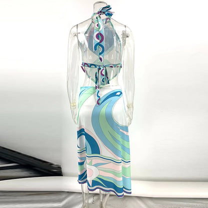 Summer Sexy Print Sleeveless Halter Shirt Skirt Two Piece Set Women Retro Pattern Print Satin Outfit Women Beach Holiday Clothes