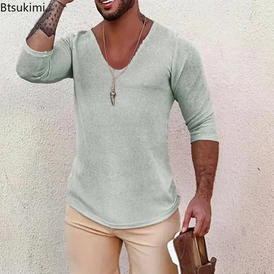 2025 Men's Casual Long Sleeve Kniited Sweaters Thin Style Mens Spring Autumn Clothing Solid V Neck Knitting Pullover Knit Tops Badiee Stylez