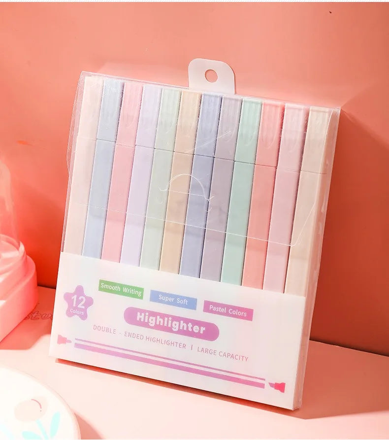 12 Pcs/Set Double Tip Highlighter Pens Kawaii Manga Markers Midliner Pastel Gel Set Stationery Journal School office Supplies Badiee Stylez