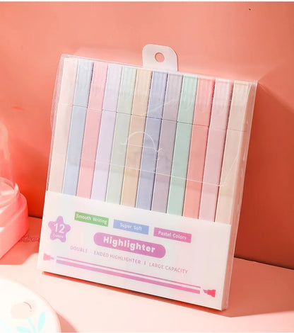 12 Pcs/Set Double Tip Highlighter Pens Kawaii Manga Markers Midliner Pastel Gel Set Stationery Journal School office Supplies Badiee Stylez