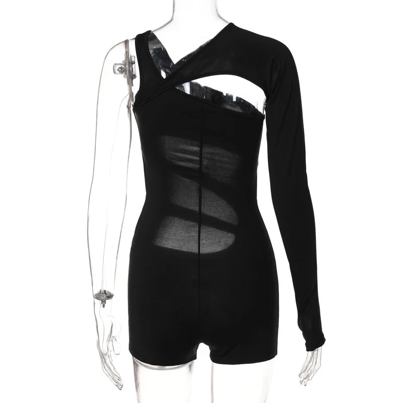 Women's Sexy Rompers Trendy Bodycon Irregular Hollow Out Holes Singel Sleeve Off Shoulder Y2k Playsuits Female Casual Streetwear
