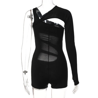 Women's Sexy Rompers Trendy Bodycon Irregular Hollow Out Holes Singel Sleeve Off Shoulder Y2k Playsuits Female Casual Streetwear