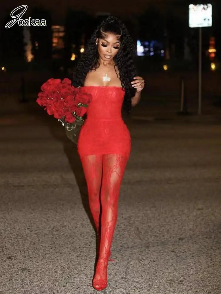 Joskaa Holiday Set Outfit For Women Black Red Lace Baddie 2 Piece Sets Outfits 2024 New Beach Sexy Leggings Club Party Outfit