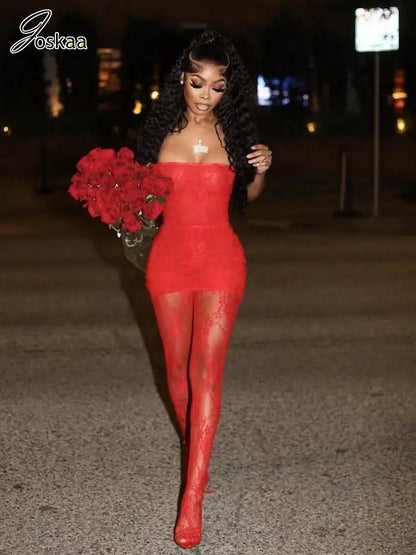 Joskaa Holiday Set Outfit For Women Black Red Lace Baddie 2 Piece Sets Outfits 2024 New Beach Sexy Leggings Club Party Outfit