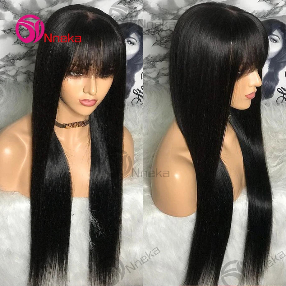 Bone Straight Human Hair Wig With Bangs For Women 30 Inch Brazilian 3x1 Lace Wigs Glueless Wig Human Hair Natural Black Color Badiee Stylez