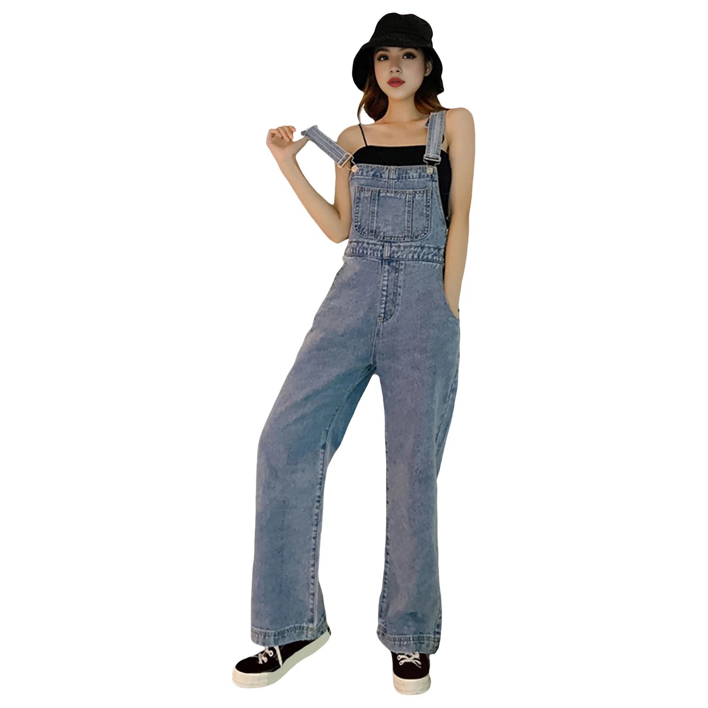 Denim Jumpsuit Summer Women Vintage Preppy Style Pockets Loose Fit High Waist Wide Leg Overalls Streetwear Straight Jeans Light Blue