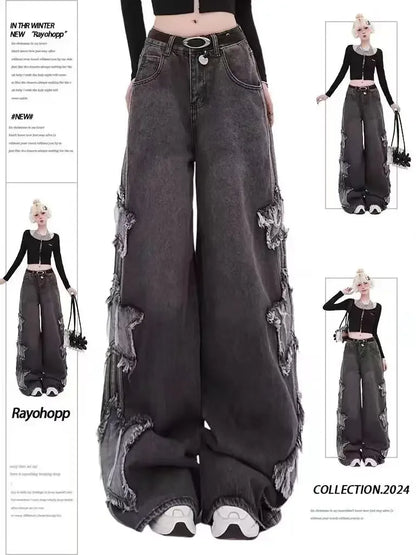 Women Clothing Black Gothic Jeans Pink Cross Y2k Oversize Loose Aesthetic Denim Trousers Harajuku Korean 2000s Jean Trashy Pants D