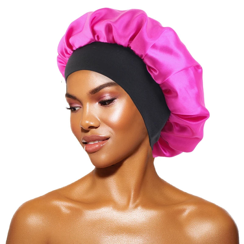 Women's Satin Solid Bonnets Wide-brimmed Night Sleeping Bathing Hat Unisex Head Wrap Elastic Band Cap Hair Care Bonnet Rose Red One Size