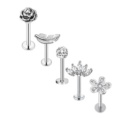 5PCS Flower Tragus Piercing Set Flat Back Cz Cartilage Stud Earring Helix Jewelry Conch Rook Stud Lot Labret Lip Piercing Bulk 5PCS Set8