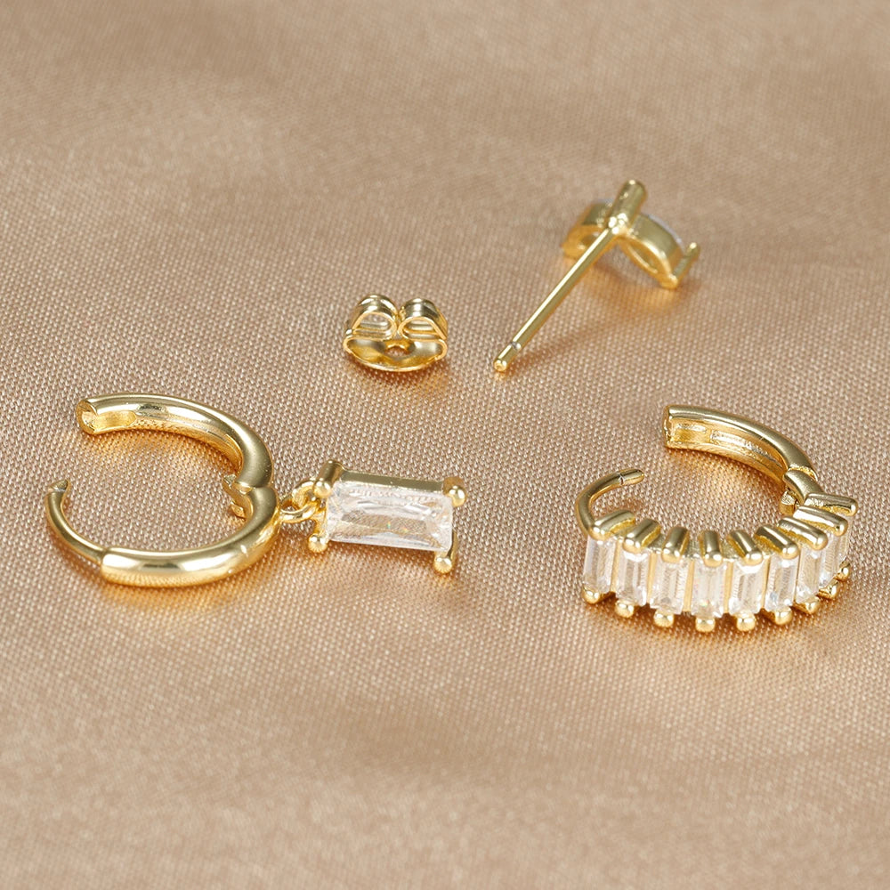 3PCS Stainless Steel Square Earrings Sets for Women Vintage Zircon Pendant Geometry Round Circle Hoop Earrings Piercing Jewelry