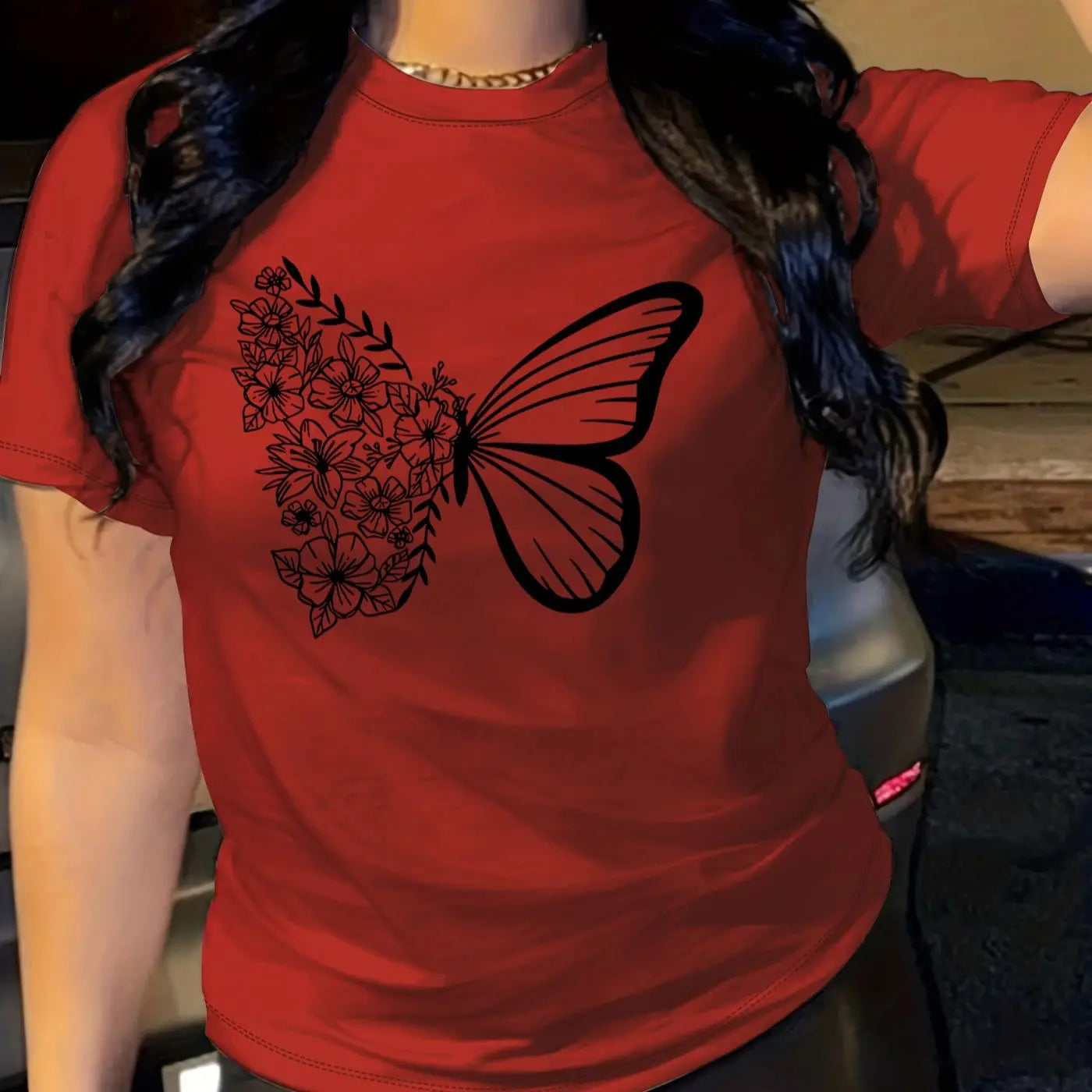 butterfly print t-shirt, short sleeve crew neck casual top for summer & spring, women's clothing Red