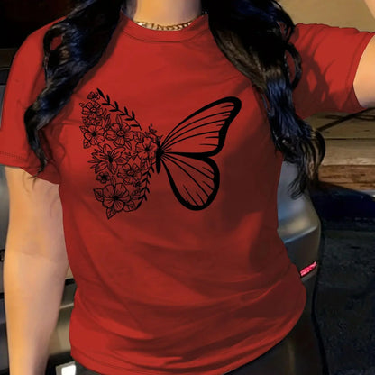butterfly print t-shirt, short sleeve crew neck casual top for summer & spring, women's clothing Red