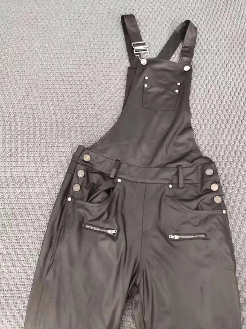 Elegant Women's Shoulder Strap Jumpsuit Square Neck Sleeveless Pu Leather Buckle Zipper Suspender Sexy Tight Fitting Jumpsuit Badiee Stylez