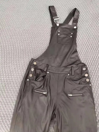 Elegant Women's Shoulder Strap Jumpsuit Square Neck Sleeveless Pu Leather Buckle Zipper Suspender Sexy Tight Fitting Jumpsuit Badiee Stylez