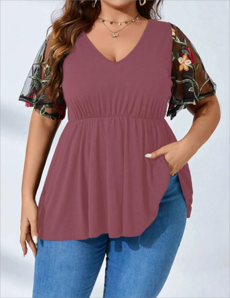 Plus Size Europe and The United States New Women's V-neck Casual Mesh T-shirt KD2312292-jiuhong