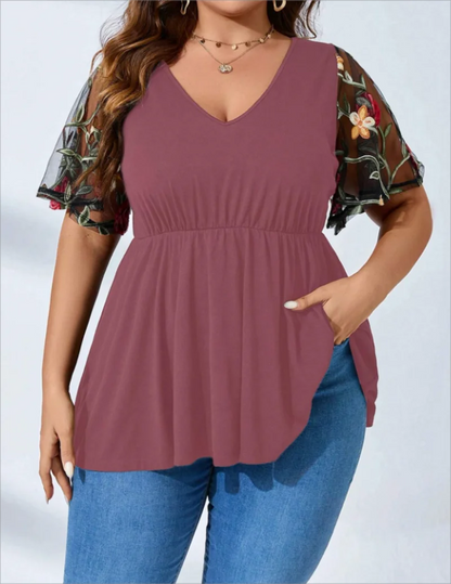 Plus Size Europe and The United States New Women's V-neck Casual Mesh T-shirt KD2312292-jiuhong