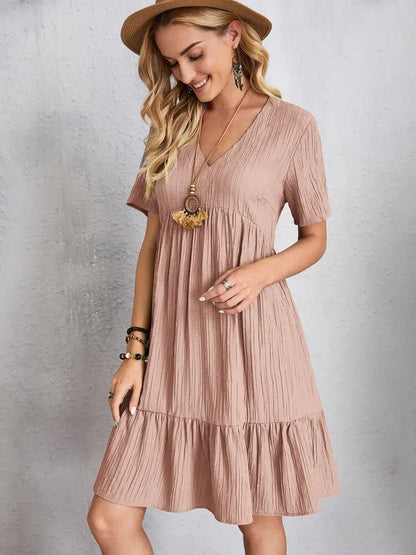 Women Elegant Short Sleeve V Neck Ruffles Dress Summer Casual Solid Loose Mini Dress Chic Bohemian Sundress Beach Party Vestidos Badiee Stylez