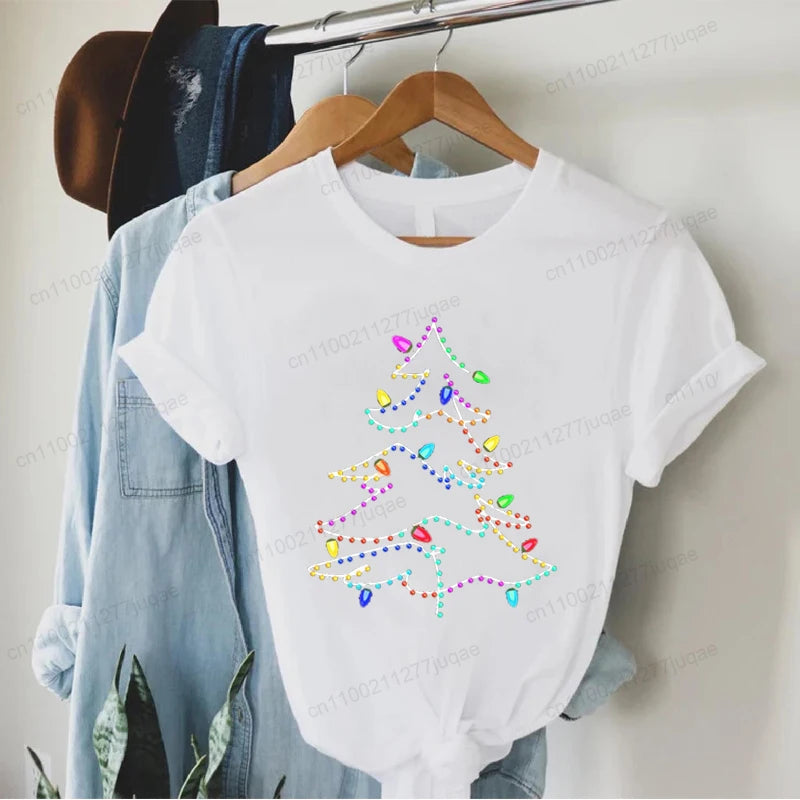 Women's Casual T-Shirts Christmas Lights Xmas Tree Print T-Shirt Christmas Party Design Tops Short Sleeve Ladies T Shirts Tops