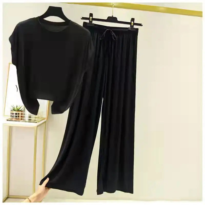 Modal Loose Homewear set O-neck Tshirts short sleeves and Wide leg pants Casual streetwear suit all match black