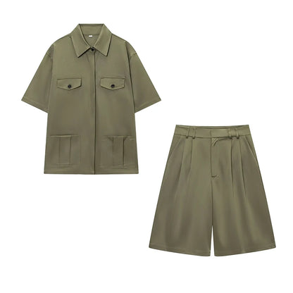 TFMLN Spring Summer New 2pcs Sets 2025 Women Solid Color Short Sleeve Shirts Pockets Tops Casual Shorts Sets Khaki
