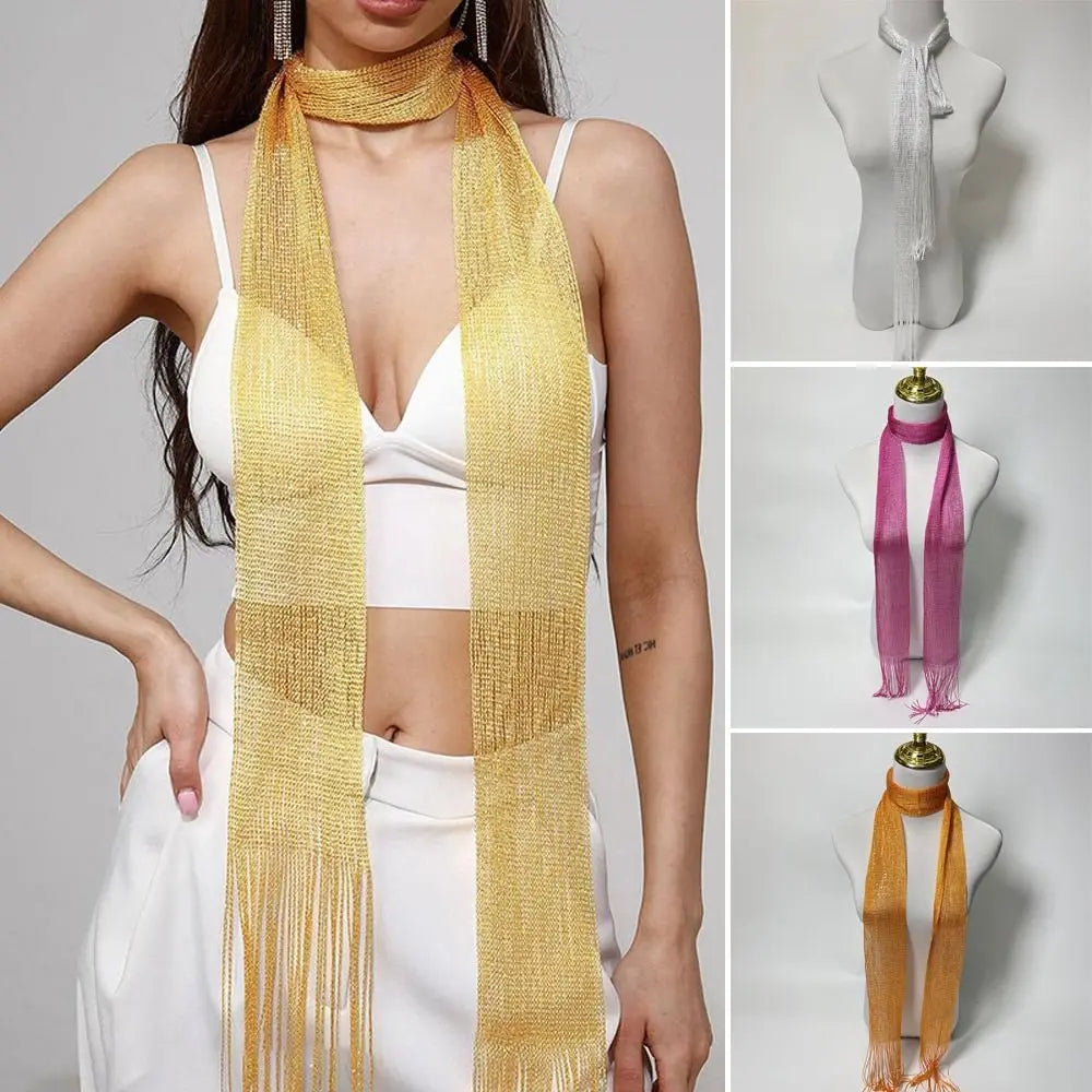 Fashion Lace Tassel Scarf Thin Long Glitter Bright Silk Sunscreen Shawl Shiny Lace Necklace For Women Party Evening Dress Scarf