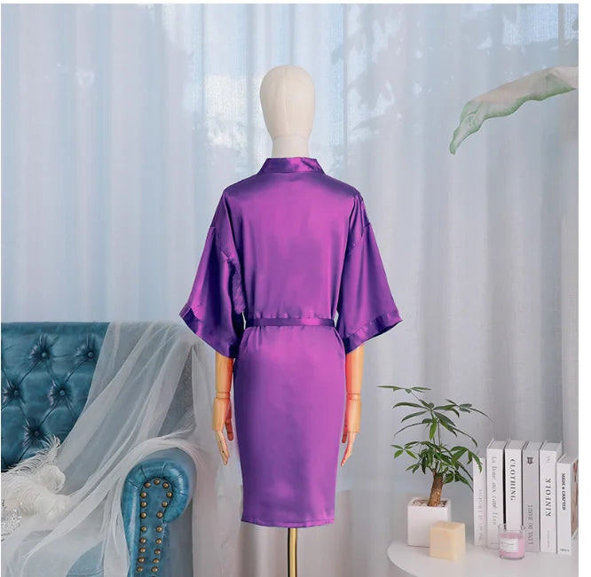 Women Wedding White Bride Robe Morning Gown 3/4 Sleeve Sleepwear Loose Nightgown Female Silk Satin Kimono Bathrobe Lingerie Purple
