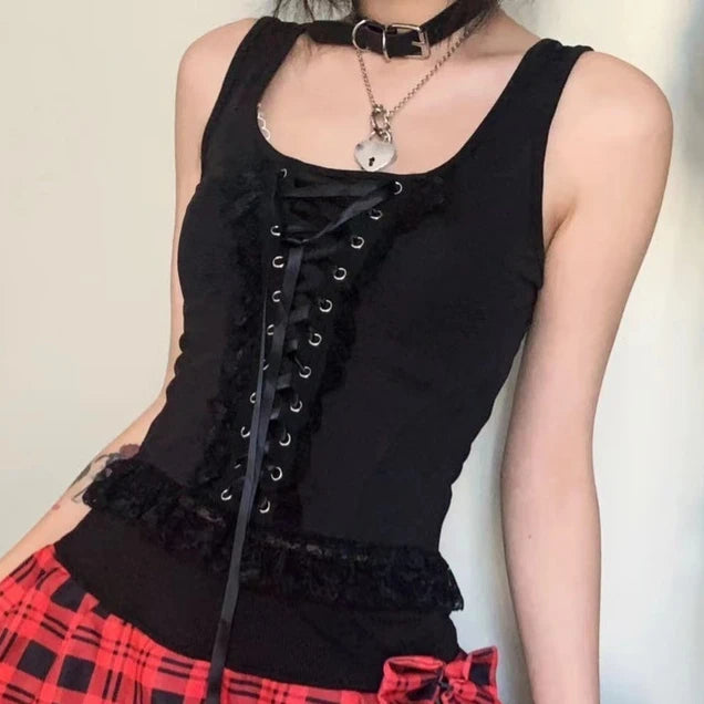 2025 Streetwear Lace Patchwork Tank Tops Women Y2k Aesthetic Halter Crop Top Sweet Bandage Off Shoulder Cross Drawstring Tanks black