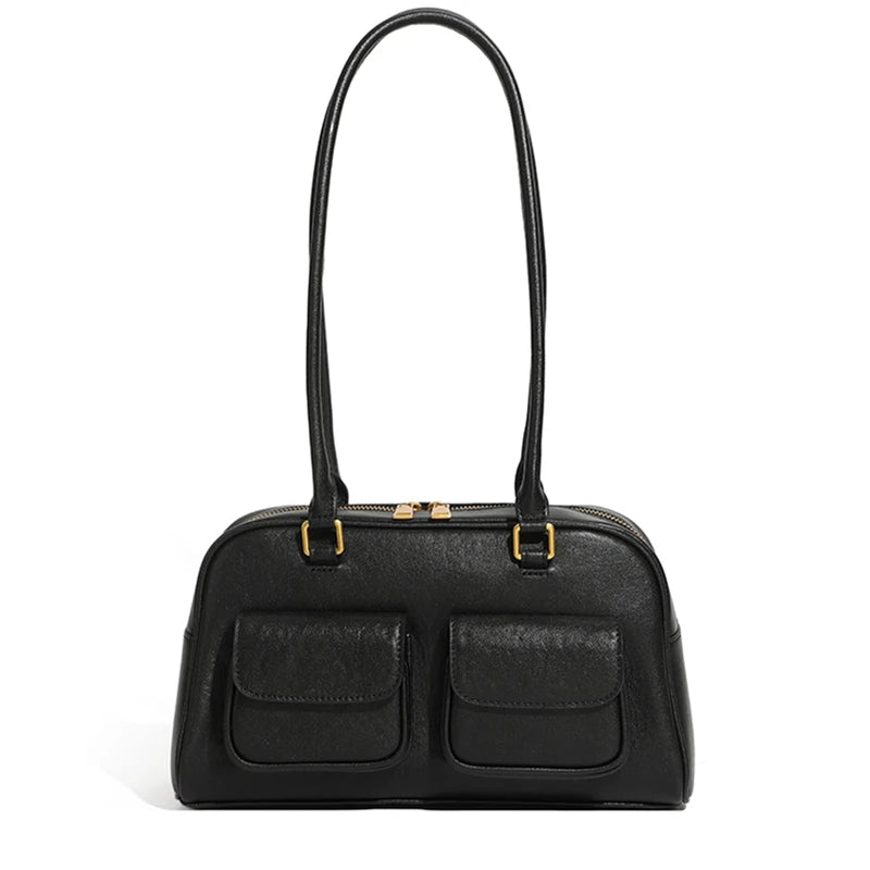 Burminsa Cowhide Genuine Leather Underarm Shoulder Bags For Women 2025 Luxury Designer Korean Bowling Tote Work Ladies Handbags Black