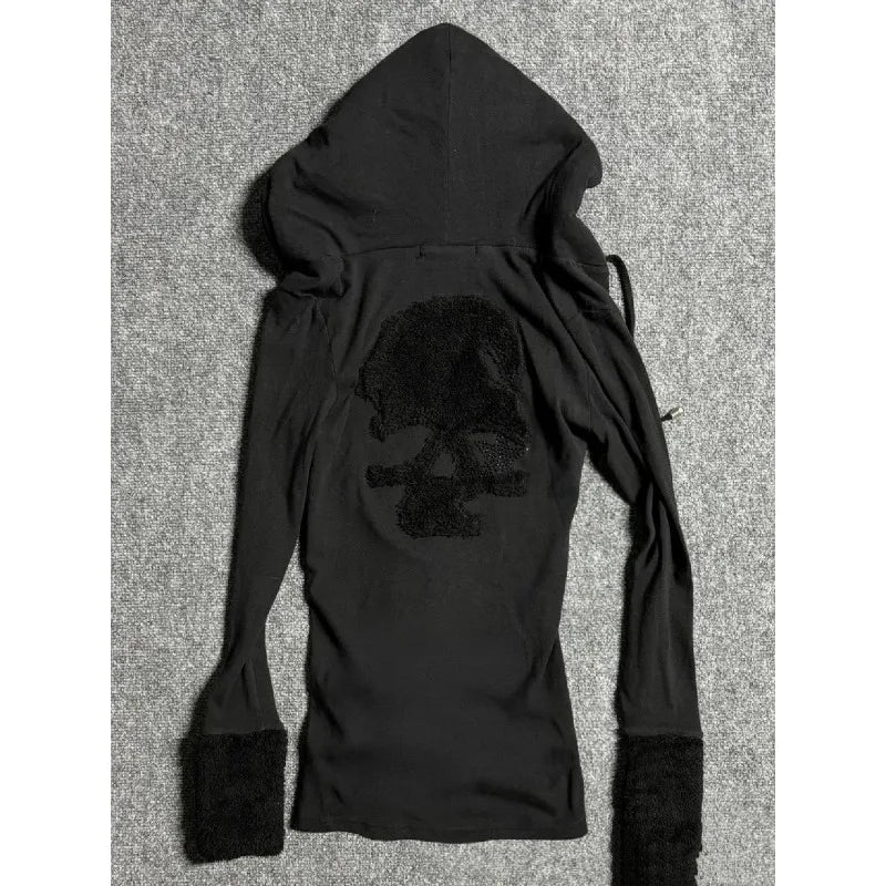 Deeptown Y2k Black Vintage Printed Hoodies Women V Neck Long Sleeve American Fashion Hooded Sweatshirt Streetwear Hip Hop Spring