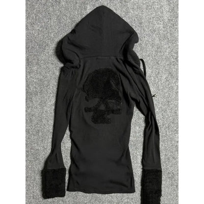 Deeptown Y2k Black Vintage Printed Hoodies Women V Neck Long Sleeve American Fashion Hooded Sweatshirt Streetwear Hip Hop Spring