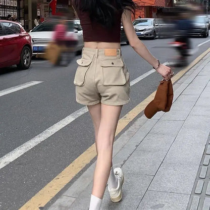 Khaki Pocket Baggy Short Jean Pants Woman Summer Korean Style Clothing Harajuku Fashion High Waist Cargo Denim Shorts for Women