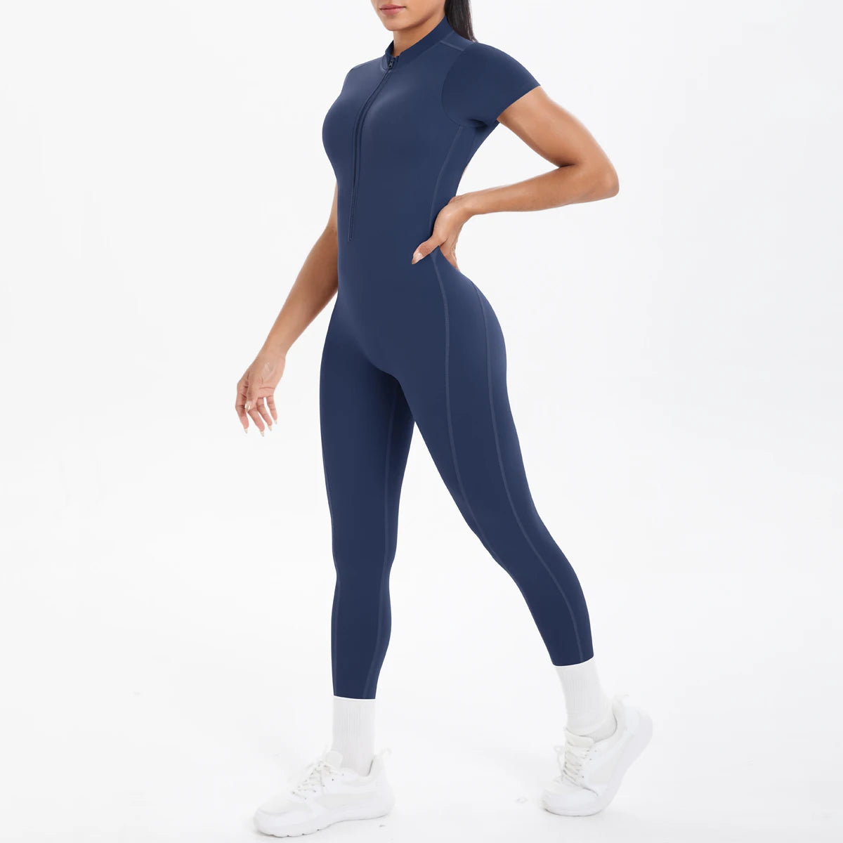 Short Sleeved Fitness Jumpsuit for Woman Bodysuits Backless Solid Color Scrunch One-Piece Suit Half Zipper Gym Yoga Sets Womens