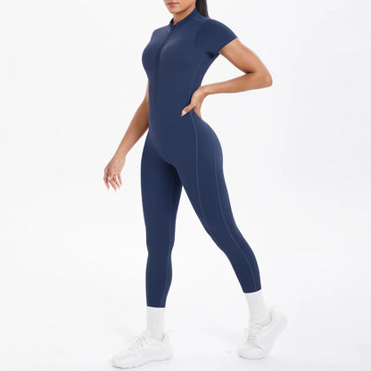 Short Sleeved Fitness Jumpsuit for Woman Bodysuits Backless Solid Color Scrunch One-Piece Suit Half Zipper Gym Yoga Sets Womens