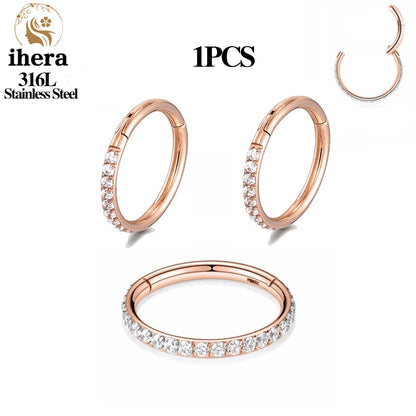 316L Stainless Steel Zircon CZ Hinged Segment Nose Septum Clicker Ring Round Earrings Hoops Ear Tragus Helix Piercing Jewelry 1PC Rose Gold Color CHINA