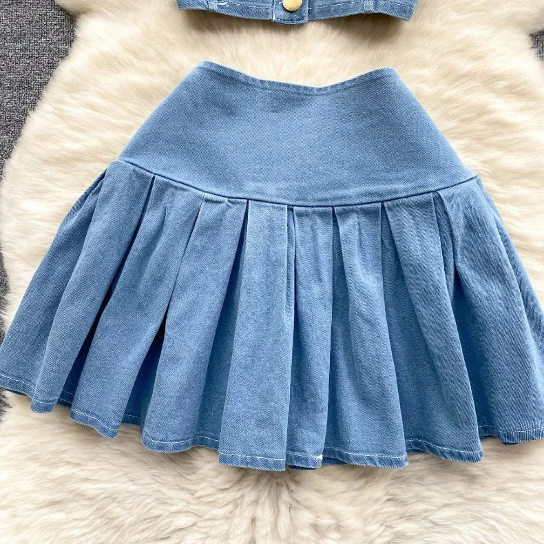 Two Piece Sets Women Sexy Dress Sets Skirt Set Sling Sleeveless Casual Denim Tops Short Skirts A Line Elegant Splice Y2k Summer