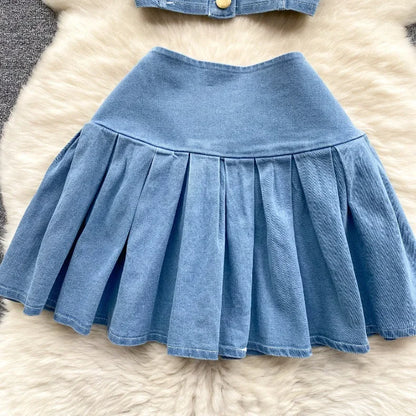 Two Piece Sets Women Sexy Dress Sets Skirt Set Sling Sleeveless Casual Denim Tops Short Skirts A Line Elegant Splice Y2k Summer