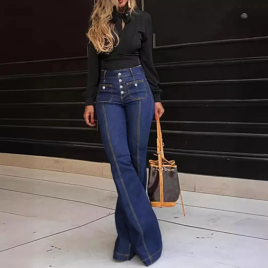 Flare Pants Women Mom Jeans Vintage Wide Leg Pants Denim High Waist Holes Pockets High Street Work Party Club Jeans Elegant Y2k