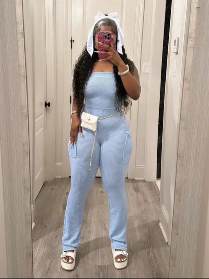 XIZOU Elegant Off Shoulder Strapless Knitted Pockets Girl Jumpsuits Women's Fitted Overalls Outfits Night One Piece Rompers