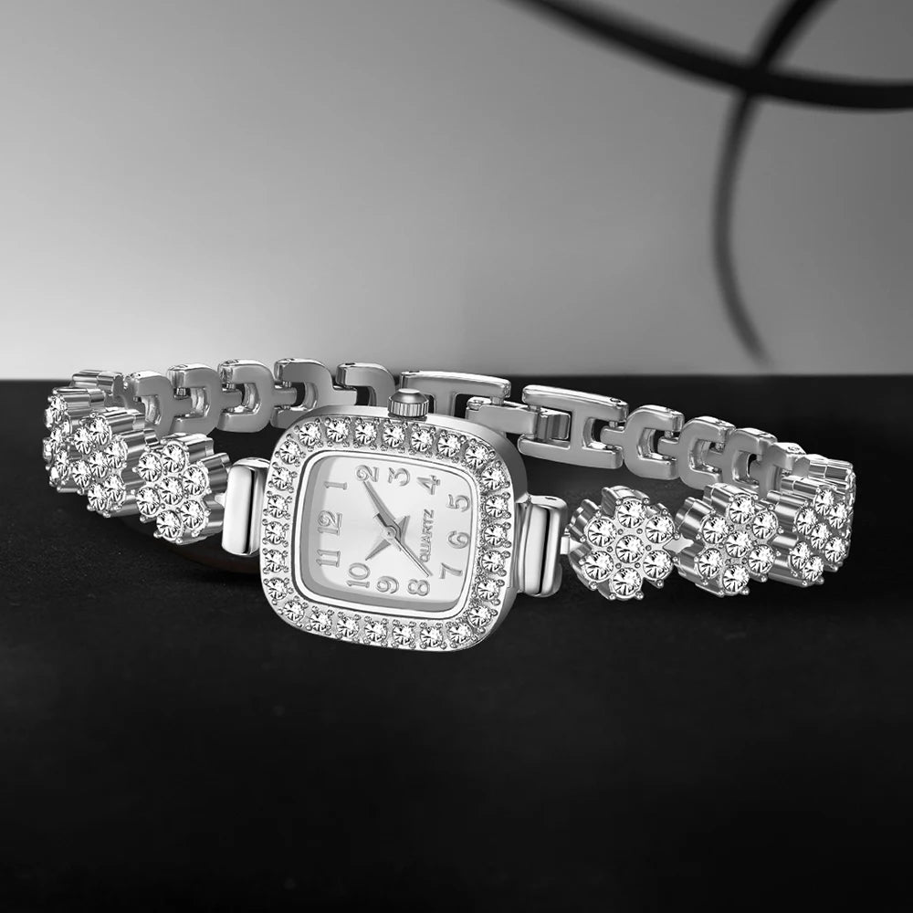 2PCS Silver Women's Watch Set Fashionable Luxury Trendy Digital Scale Rectangular Dial Quartz Watch Bracelet Set Perfect Gift