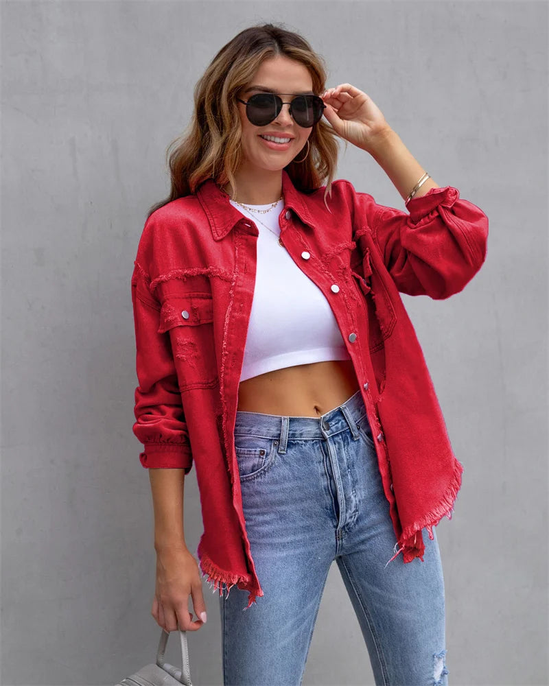 2025 Spring Autumn Shirt Style Denim Jacket Women Holes Raw-edges Jeancoat Casual Tops Female Oversize Loose Outerwear 7 Colors Red