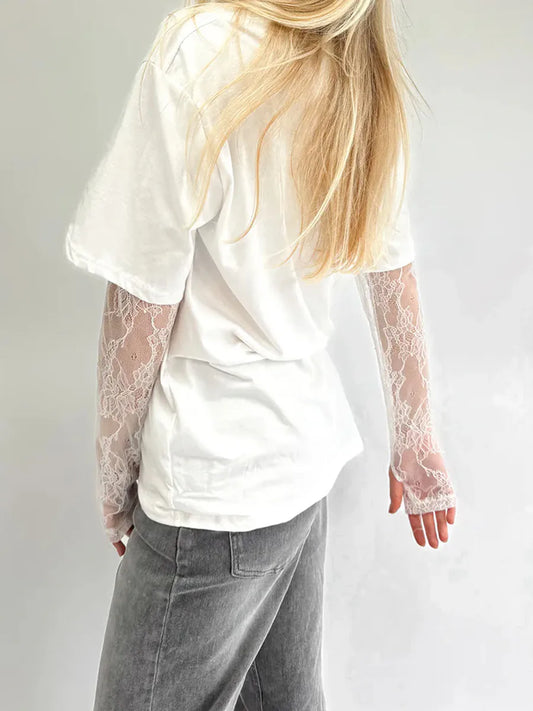 Women Round Neck T-Shirt Lace Long Sleeve Casual Shirts Spring Fall Loose Fit Tops Ladies Solid Color Tee for Streetwear Y2K 00s