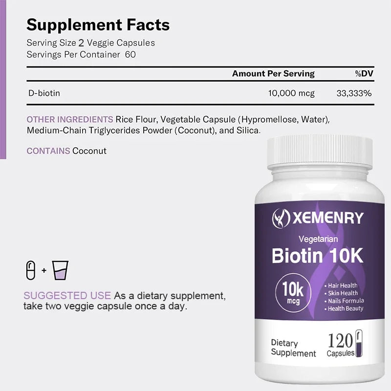 Biotin 10,000mcg - with Coconut Oil Vitamin for Hair Growth, Natural Hair, Skin and Nails - Non-GMO