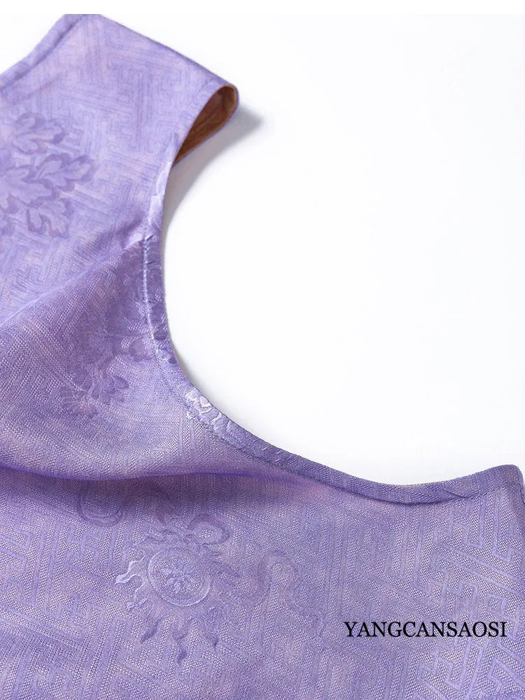 2025 Women's Summer New Luxury 100% Natural Mulberry Silk Jacquard Satin V-neck Split Double Sided Sleeveless Vest Dress Badiee Stylez