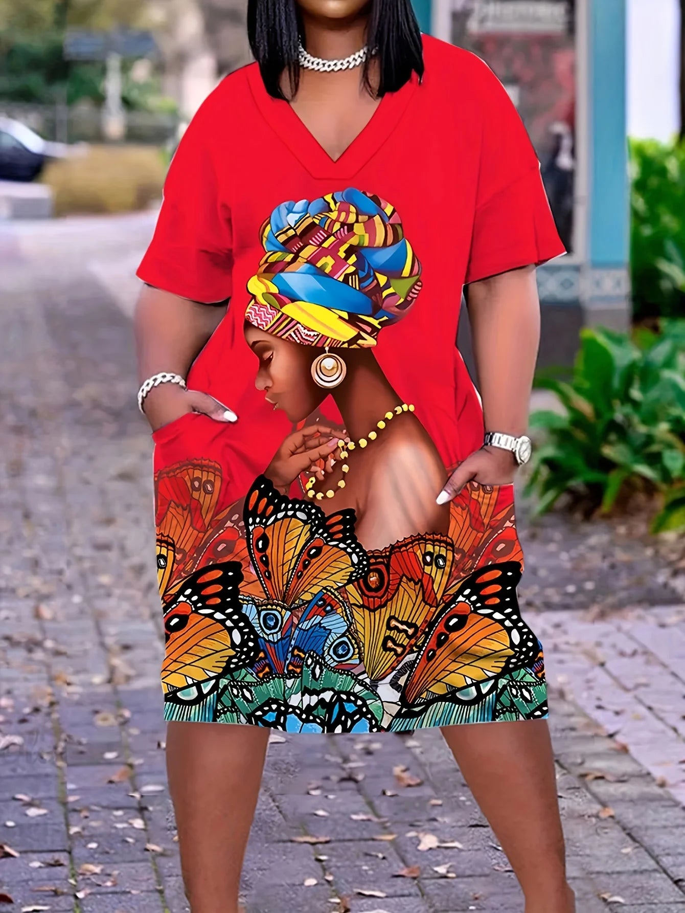 Plus Size Butterfly Print Dress Casual Short Sleeve V Neck Dress With Pockets Women's Plus Size Clothing red