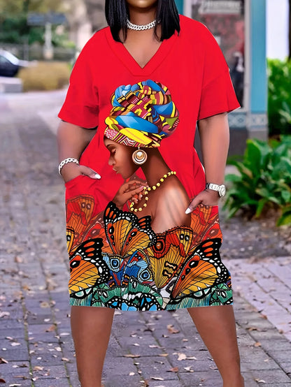 Plus Size Butterfly Print Dress Casual Short Sleeve V Neck Dress With Pockets Women's Plus Size Clothing red