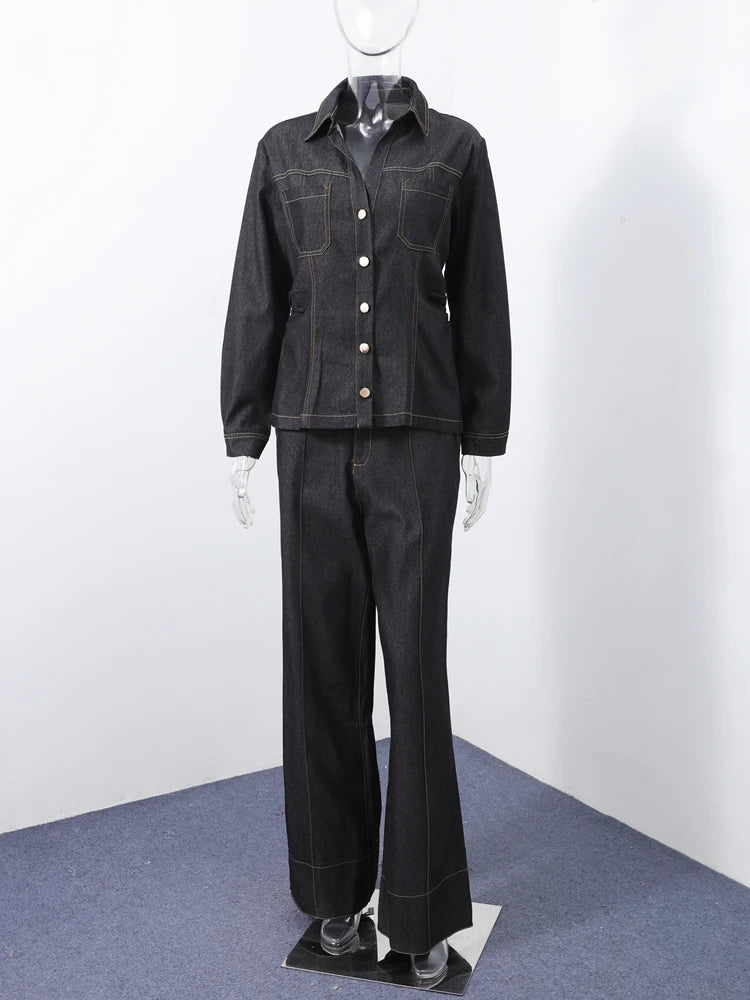 Street Vintage Denim Pants Sets Women Slim Long Sleeve Lapel Single Breasted Jacket Straight Trousers 2025 Autumn Lady Outfits