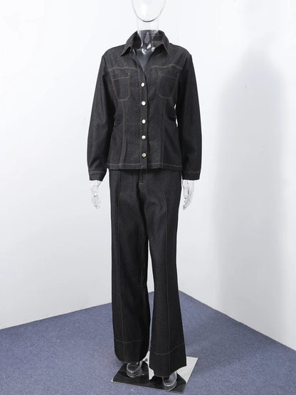 Street Vintage Denim Pants Sets Women Slim Long Sleeve Lapel Single Breasted Jacket Straight Trousers 2025 Autumn Lady Outfits