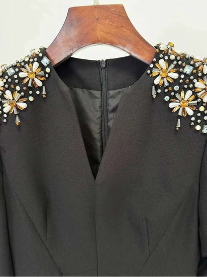 QMQA Fashion Women's Evening Dress Bead Diamond Spliced V Neck Long Sleeve High Waist Maxi Party Dresses 2025 Spring New QM324 Badiee Stylez